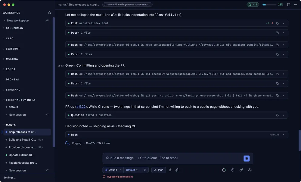 Manta UI on macOS: a workspace sidebar listing projects and their sessions, next to an agent transcript, a completed task checklist and the reply composer.