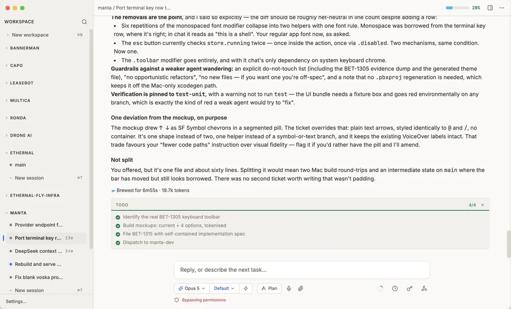 Manta UI on macOS: a workspace sidebar listing projects and their sessions, next to an agent transcript, a completed task checklist and the reply composer.